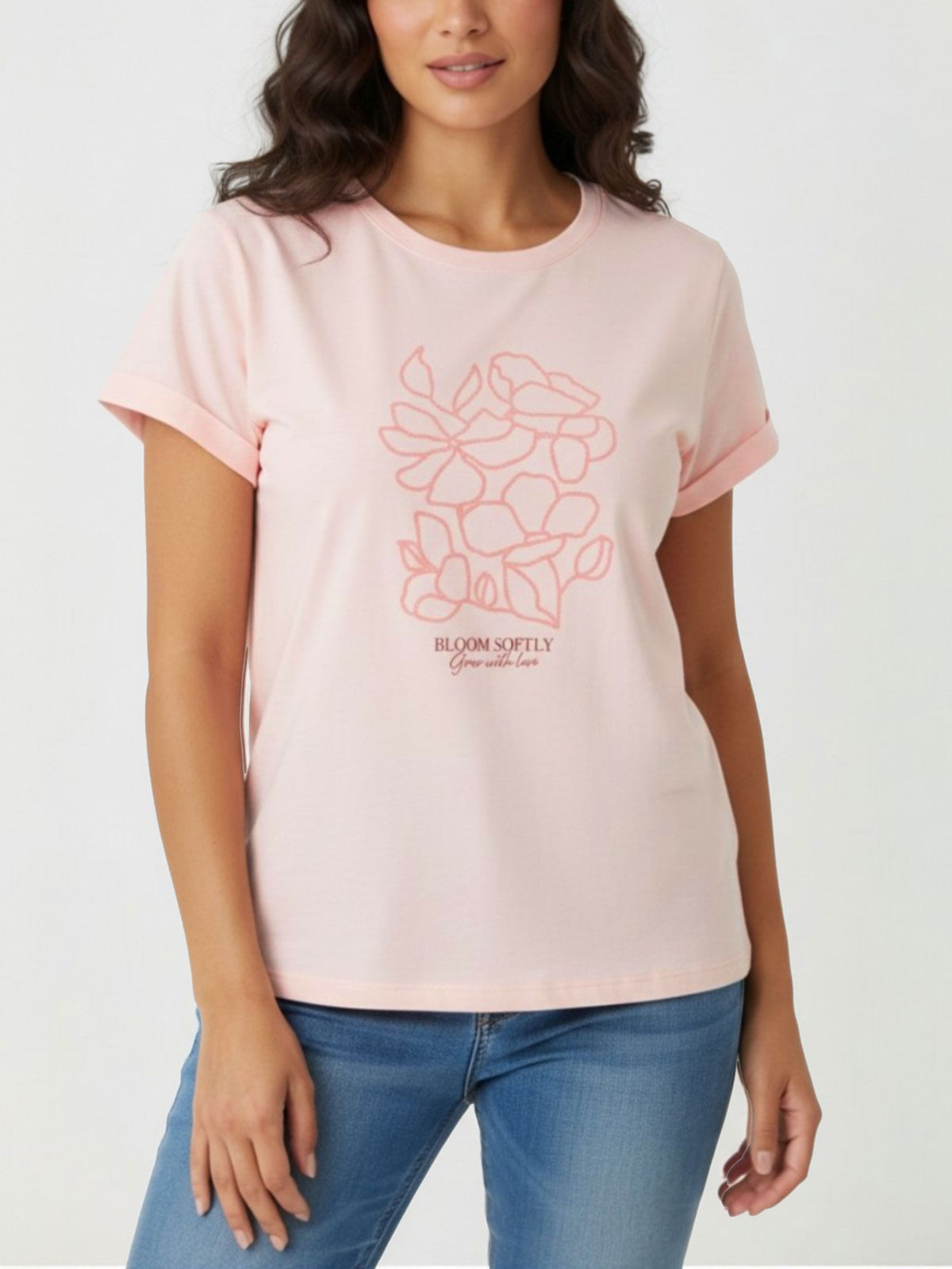 Camiseta Estampada para Mujer con Cuello Redondo en Algodón Y Elastano Rosa